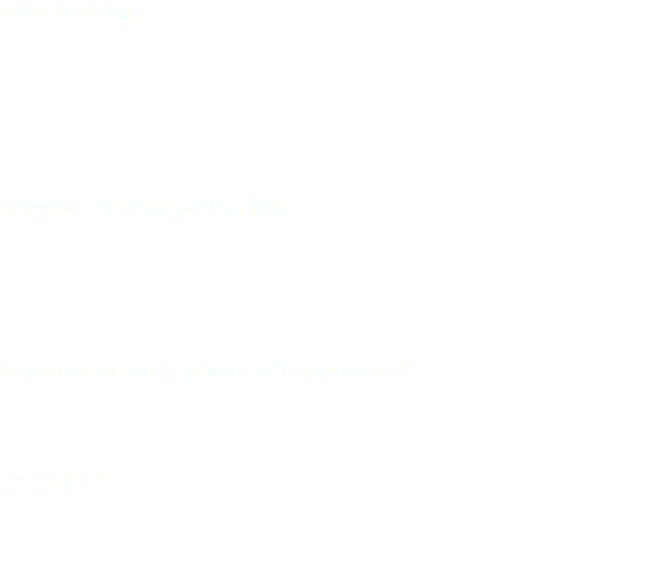 Video Marketing Empleamos las mejores herramientas de la producción audiovisual y las integramos a las estrategias del marketing digital para posicionar tu marca o promocionar tus servicios. Logra mayor cantidad de seguidores y miles de visualizaciones en tus vídeos de la web a través del SEO. Desarrollo, diseño y análisis web Desarrollamos y diseñamos sitios web en función a objetivos. Diagnóstico y análisis de posicionamiento web (SEO). Mantenimiento y rediseño de páginas web y posicionamiento orgánico en buscadores. Asesoría en adquisición de dominio y hosting. Publicidad en google adwords (Campañas SEM) Asesoramos en campañas con google adwords (SEM). Social media Elaboramos contenidos para redes sociales, planes y campañas de social media, gestión externa de redes sociales.